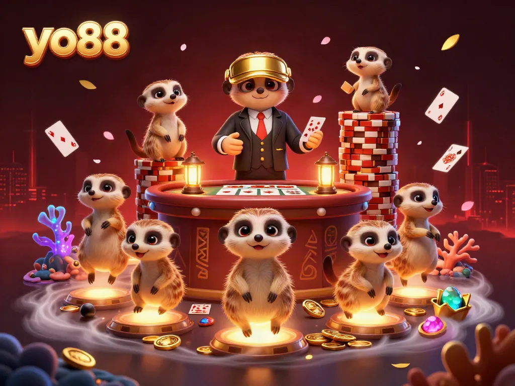 Experience the excitement of yo88 with animated meerkats managing a vibrant casino scene.