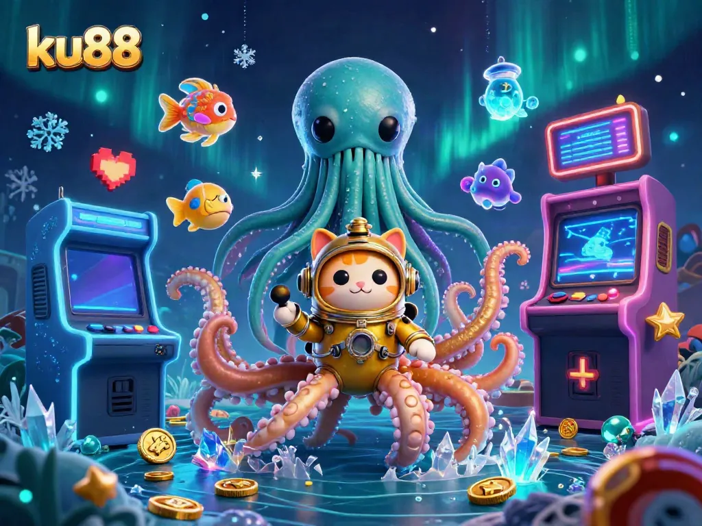 Experience thrilling gaming at ku88 featuring a colossal kraken with golden tentacles and a diving cat in a treasure-filled ocean.