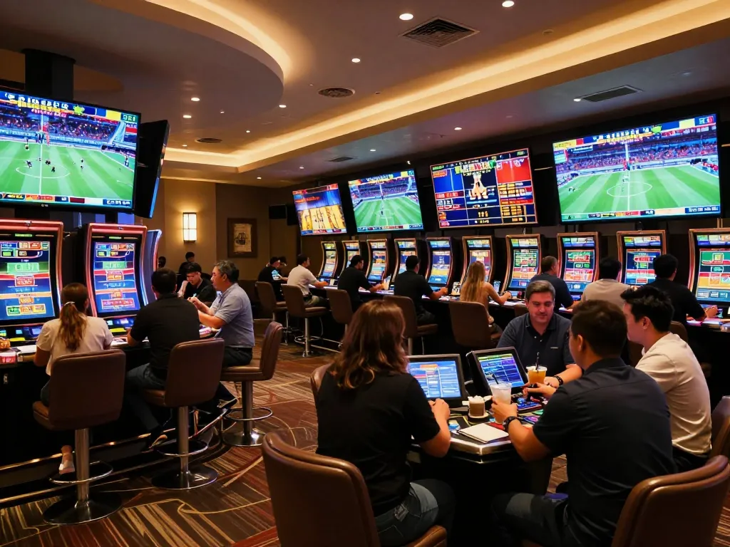33winn patrons placing bets in a stylish sports betting lounge with large screens and vibrant atmosphere