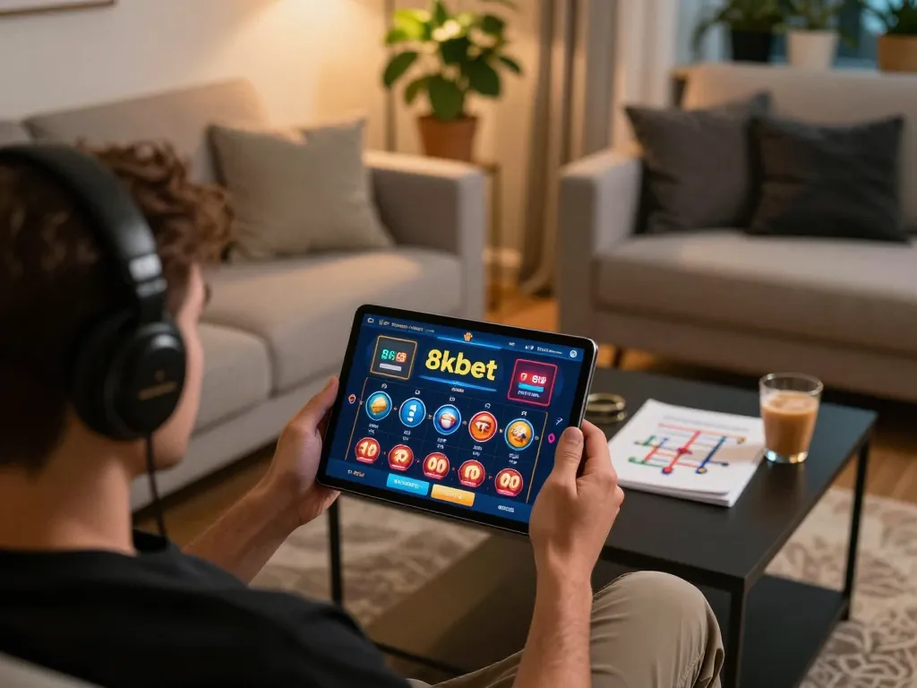 Engaging with 8kbet platform, a player strategizes online casino gaming in a cozy home