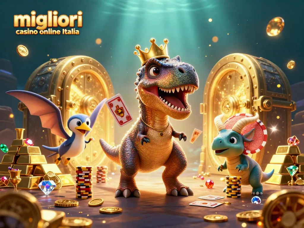 Scene di gioco con i migliori casino online Italia: T-Rex, triceratops e oggetti di valore scintillanti.