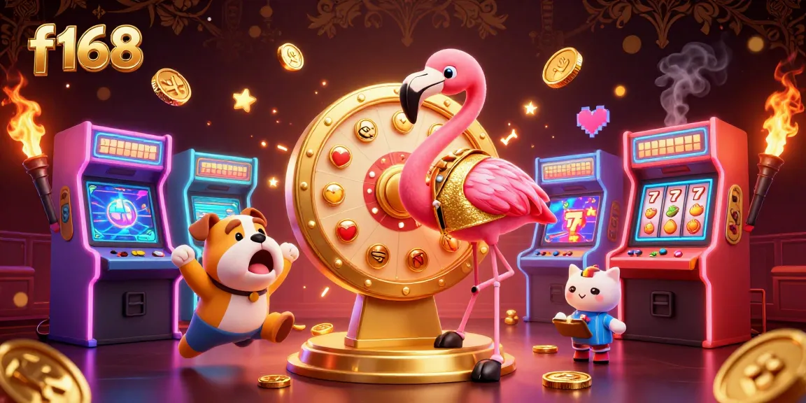 Spin the f168 prize wheel with the flamingo host, excited bulldog contestant, and vibrant arcade elements.