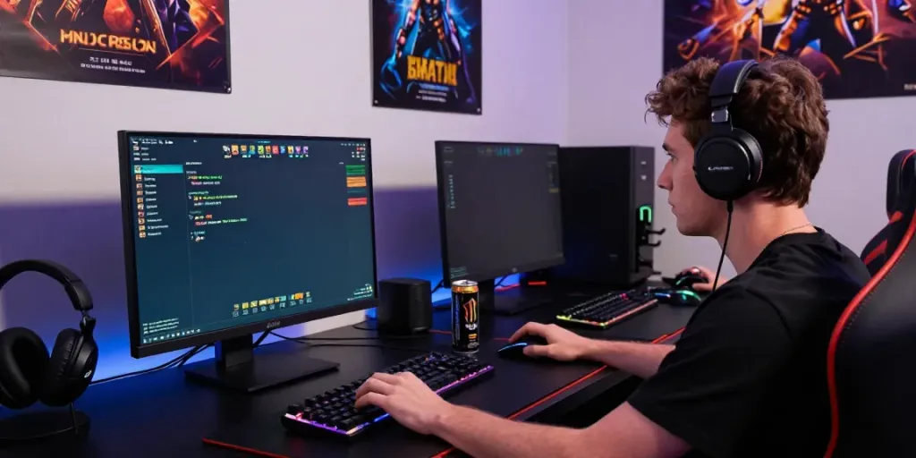 Gamer berfokus pada permainan rokok88 rtp di ruang gaming modern.