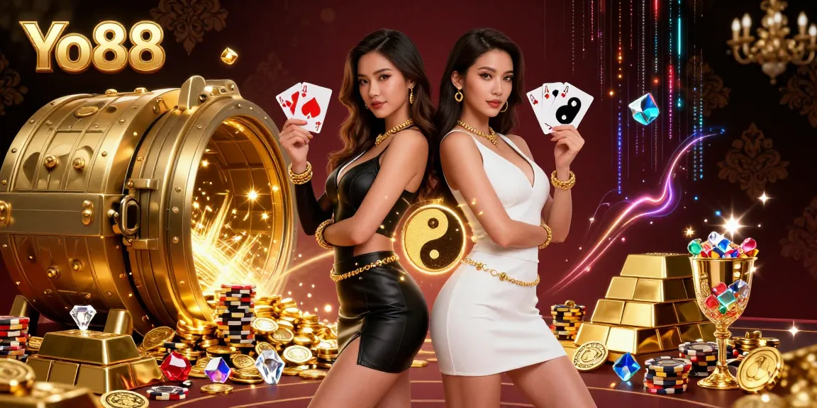 Experience thrilling gameplay at Yo88, featuring stunning twin Asian women with playing cards, surrounded by casino riches and gold effects.