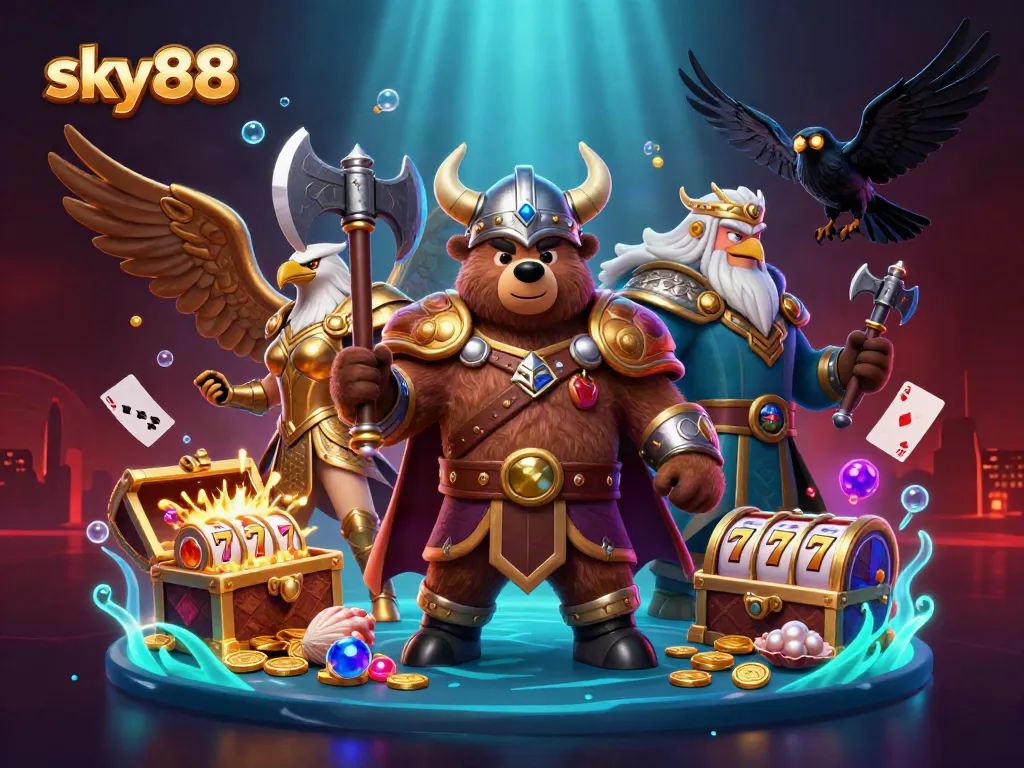 Sky88 vibrant 3D casino scene with Viking berserker bear and Valkyrie eagle, featuring exciting slot game elements.