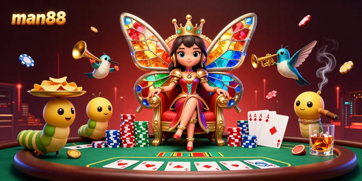 Experience the vibrant scene of man88 with a butterfly queen and a bustling poker table.