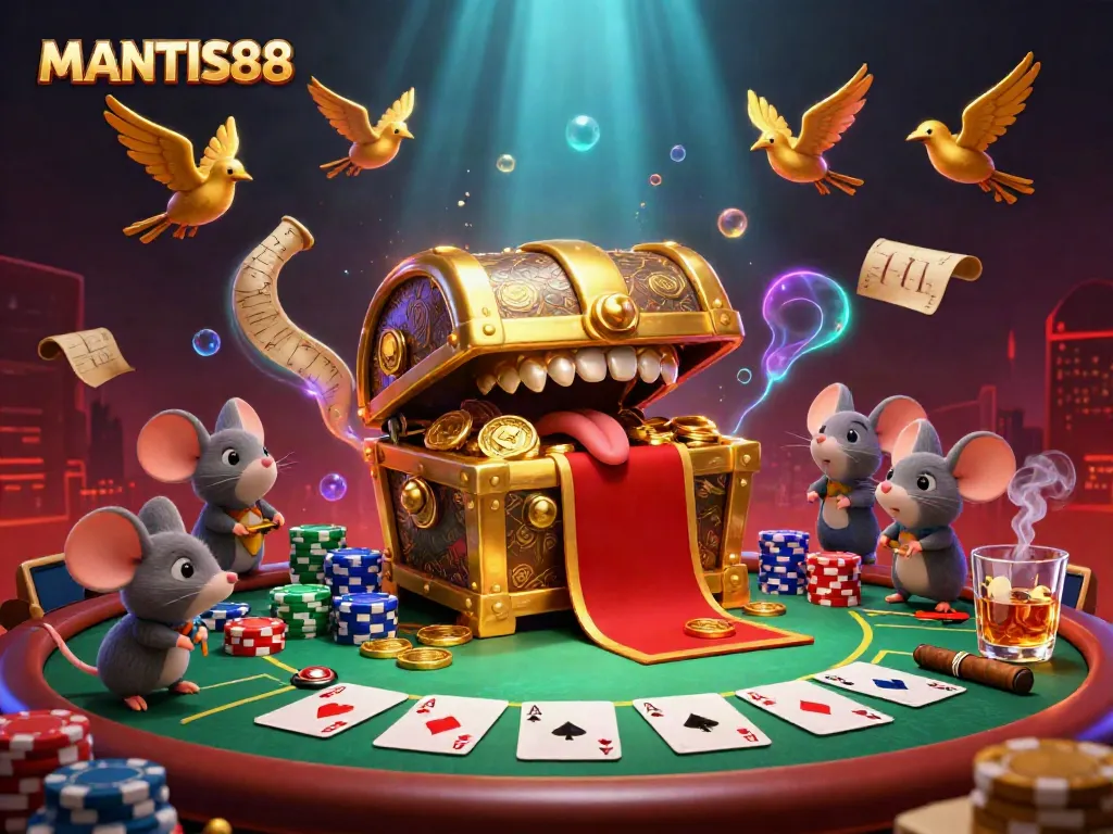 Win big at MANTIS88 with this vibrant illustration depicting thrilling casino gameplay.