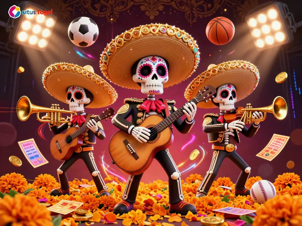 Experience the vibrant world of situs togel with a colorful Day of the Dead mariachi band amidst dynamic sports elements.
