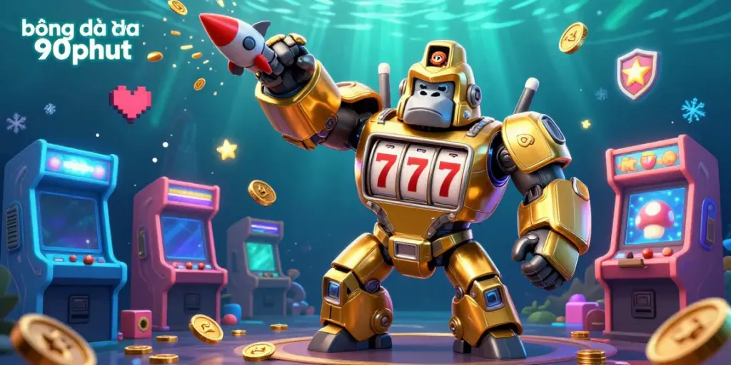 bóng đá trực tiếp 90phut featuring a golden gorilla mech with slot machine reels, surrounded by colorful gaming elements.