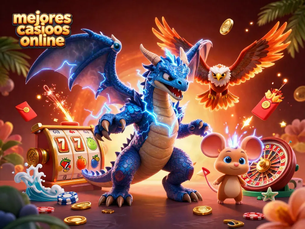 Descubre los mejores casinos online con un divertido dragón y elementos de juego vibrantes.