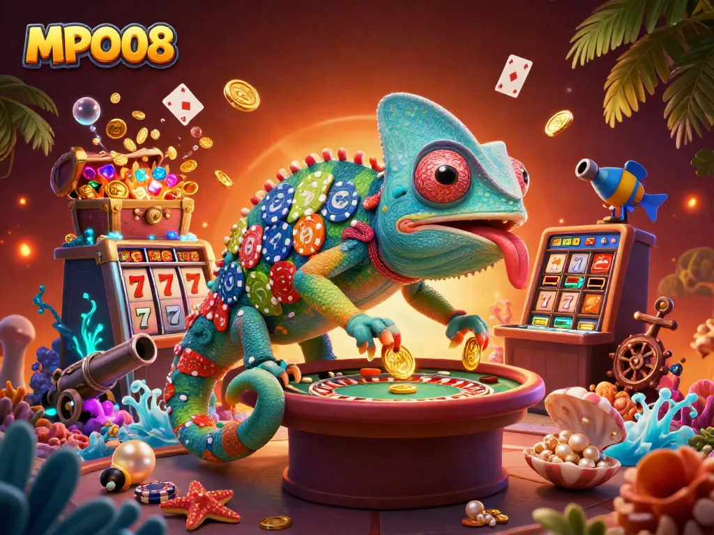 MPO08 chameleon casino owner captures golden coins amidst dynamic slot and gambling action.