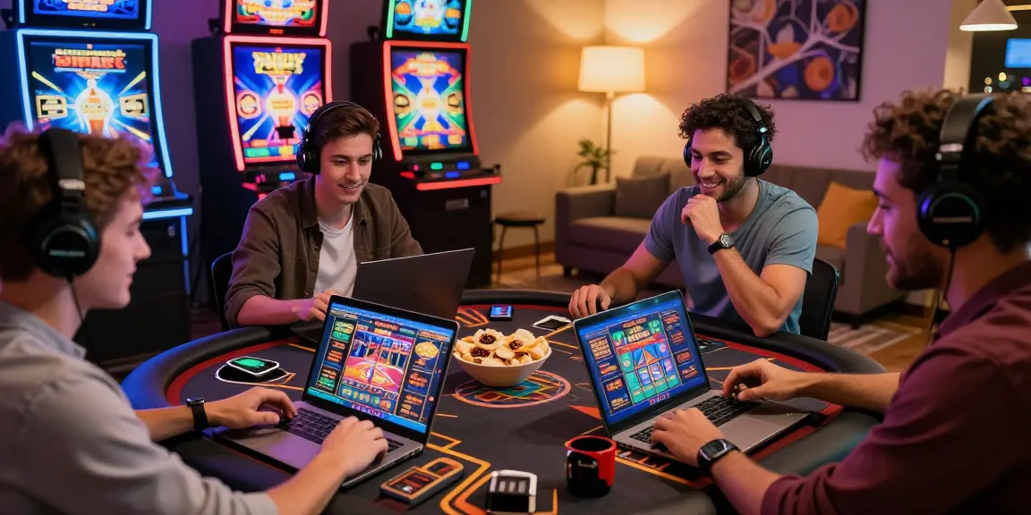 Friends enjoying a lively online casino game experience at Happyluke, showcasing digital slots and table games.