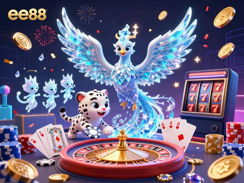 Bet and win with ee88 featuring an ice phoenix, snow leopard, and casino elements.