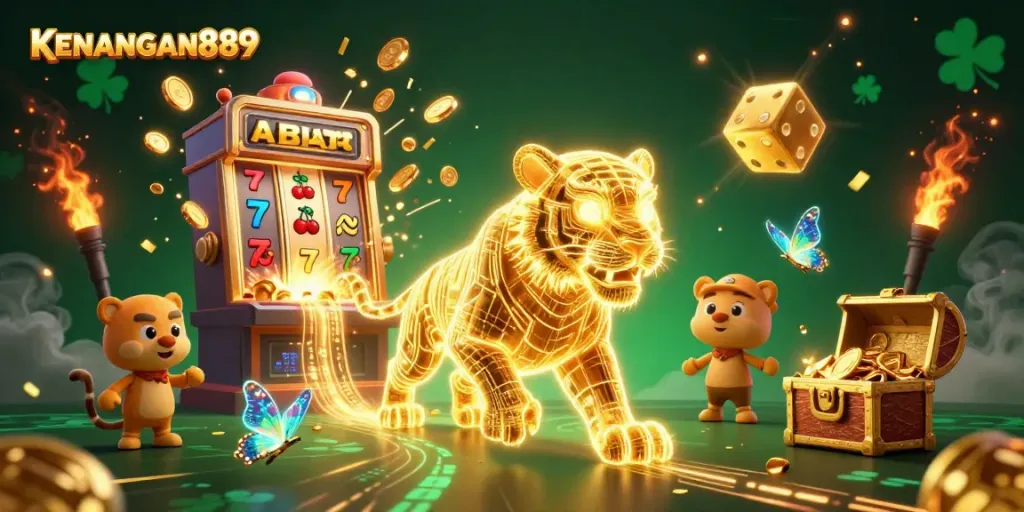 Experience thrilling wins at KENANGAN889, where a golden tiger and slot machines burst with excitement.