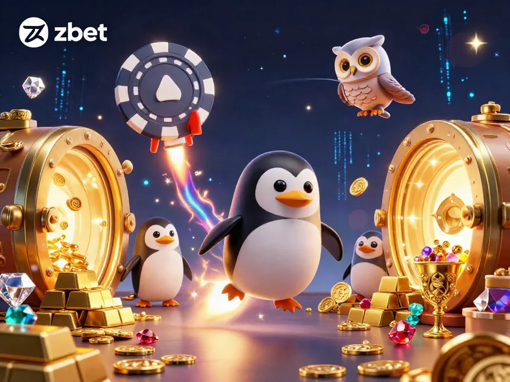 Engage with zbet's casino space adventure featuring a golden penguin blasting through a treasure-filled cosmos.