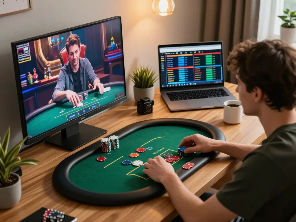Engaging in online poker gameplay while managing rokok88 rtp strategies, showcasing a user-friendly gaming setup.