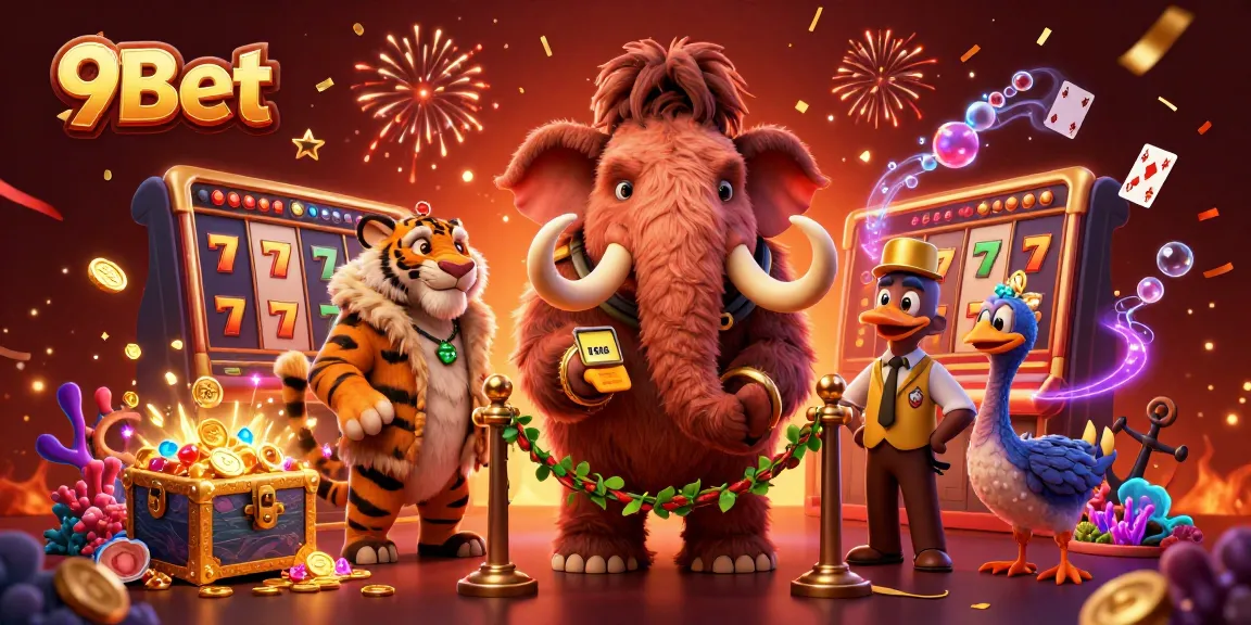 Experience the thrilling world of 9Bet as a woolly mammoth bouncer welcomes VIP guests to a vibrant casino.