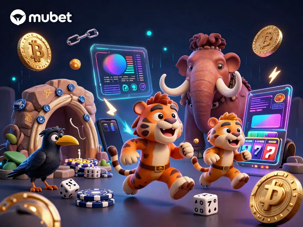 Experience thrilling casino action with mubet's prehistoric duo and neon cryptocurrency elements.