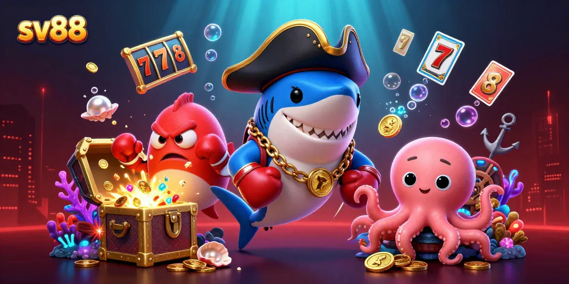 Engage in thrilling slot adventures with sv88, featuring a pirate shark, pufferfish, and octopus amidst casino treasures.
