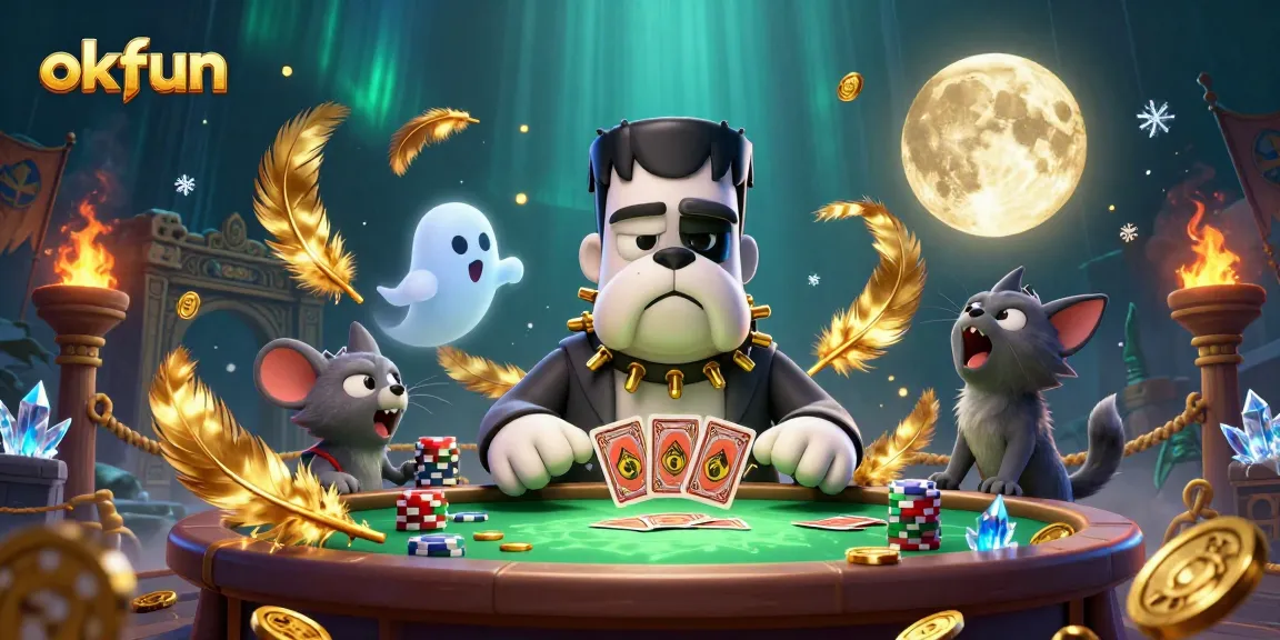 Play cards with okfun at an exciting casino table featuring a Frankenstein bulldog monster and a ghost mouse.