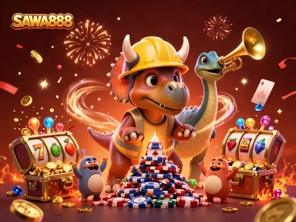 SAWA888 brings excitement to the casino world with vibrant characters celebrating over a jackpot