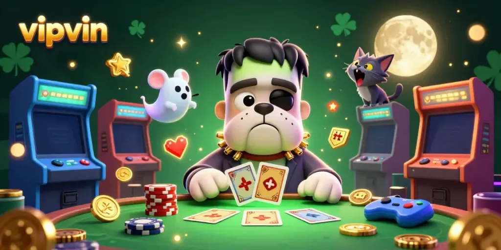 Engage in thrilling card games with vipvin's lively showdown between a bulldog dealer and mystical characters.