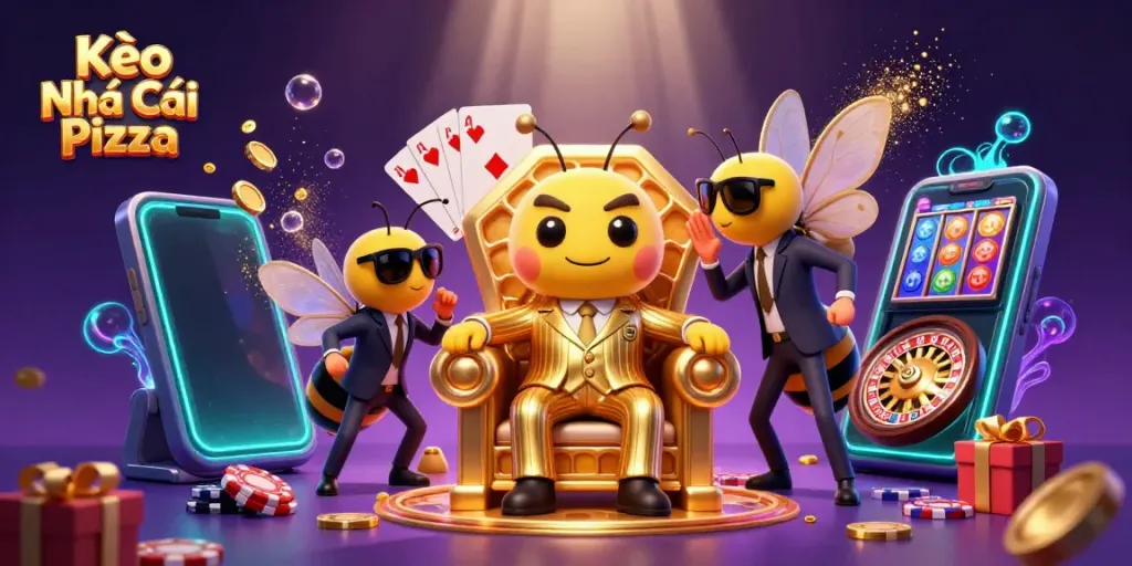 Kèo Nhà Cái Pizza casino-themed illustration with a bumblebee mob boss and gaming elements