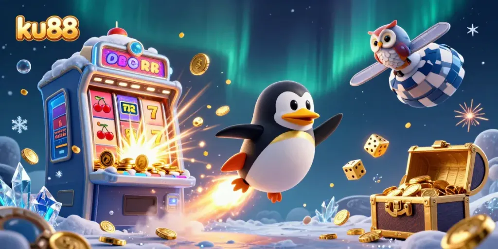 Experience the excitement of ku88 with a rocket-powered penguin heading to a casino station amidst vibrant gambling elements.