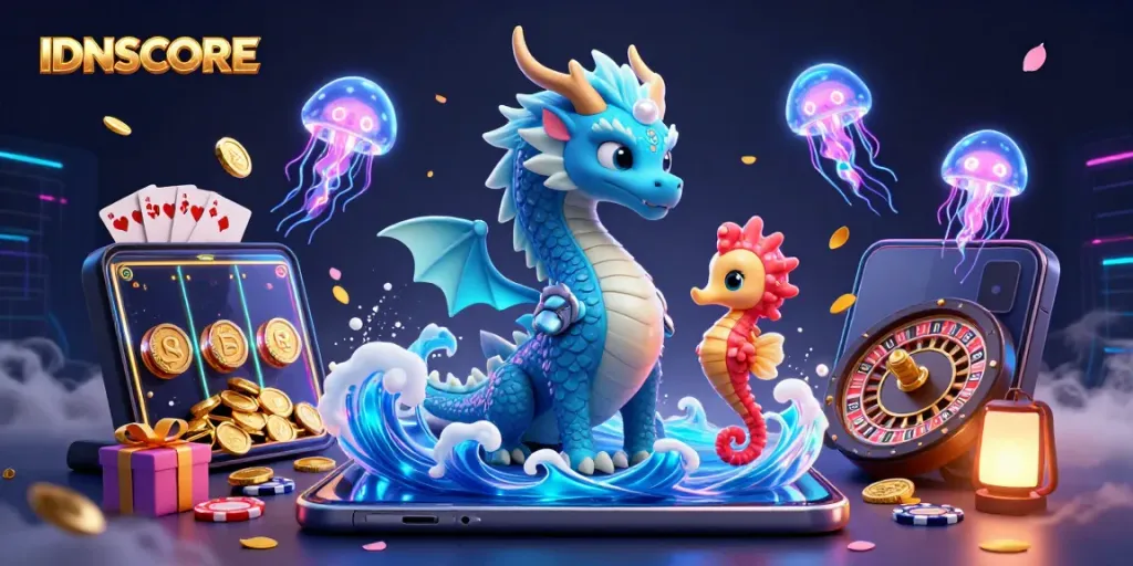 IDNSCORE showcases an engaging 3D illustration featuring a mystical water dragon, complemented by colorful slot gaming elements.