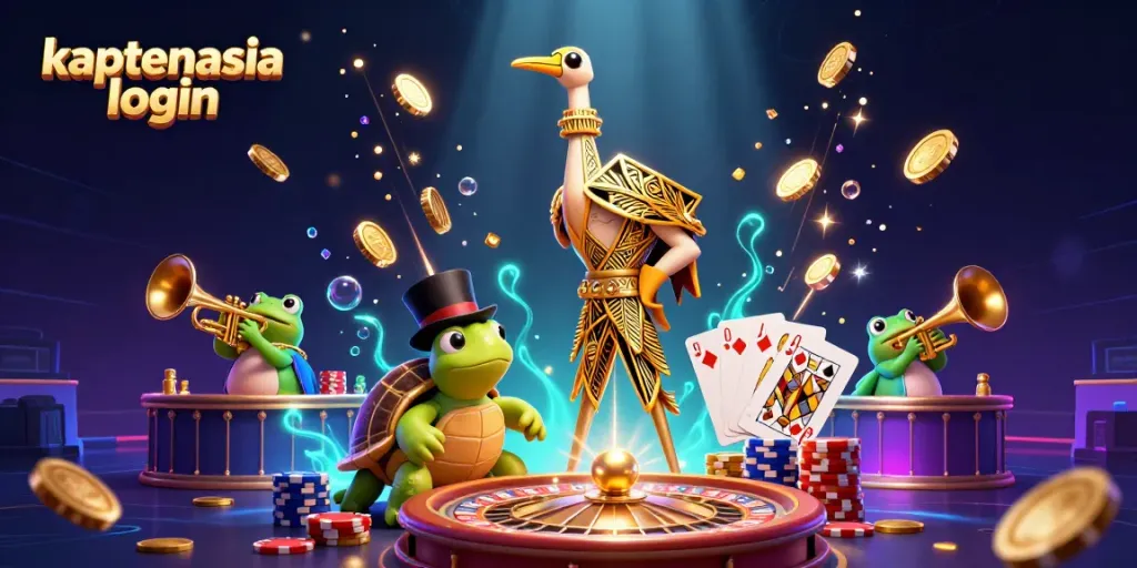 Gambar ilustrasi 3D menampilkan karakter unik dalam tema kasino yang dinamis dengan tema kaptenasia login.
