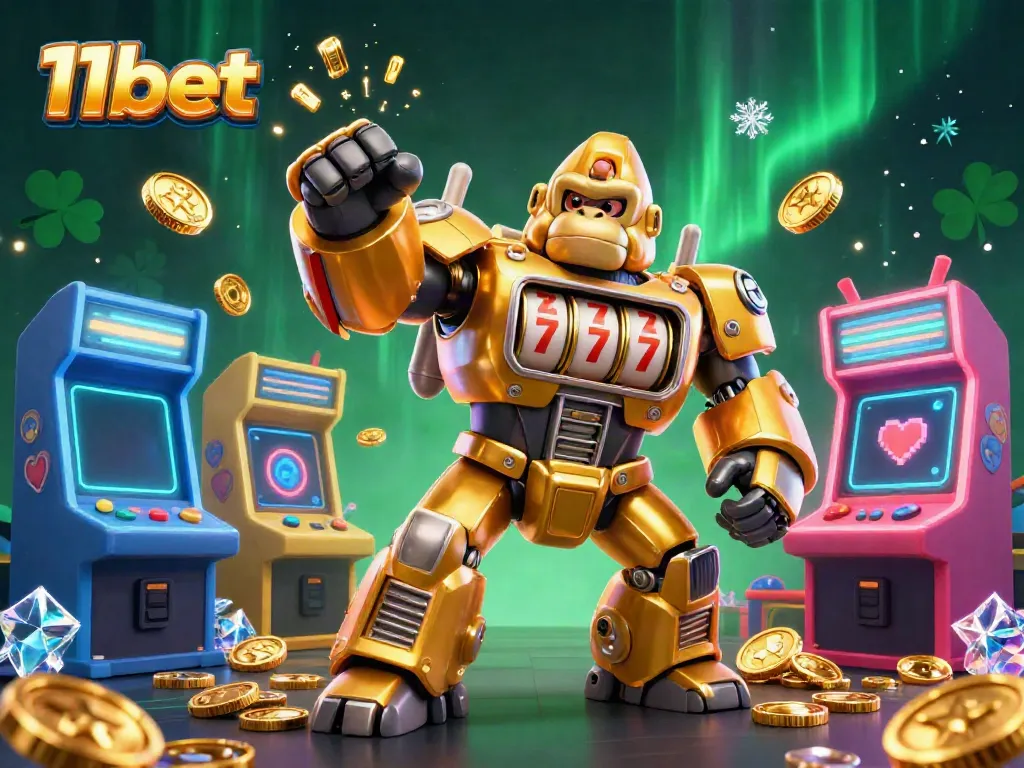 Experience the excitement of 11bet with a dynamic 3D illustration featuring a golden gorilla mech and vibrant gaming elements.