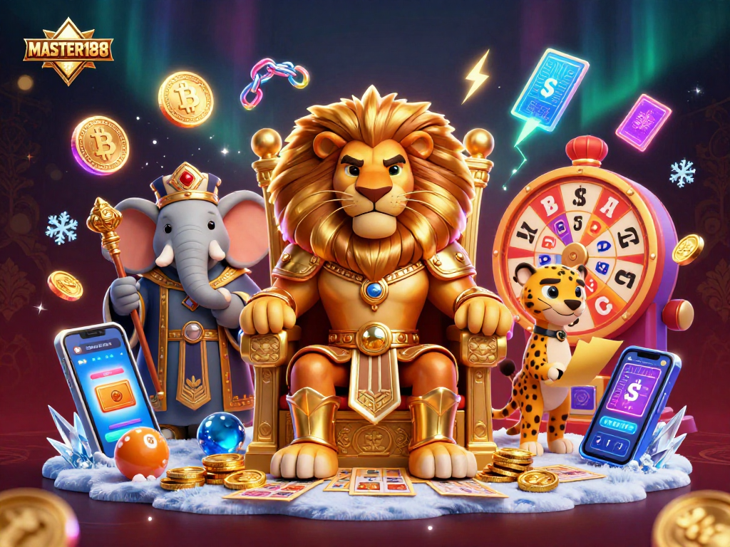 MASTER188 showcases a dynamic lottery scene with a fierce lion king and engaging elements.