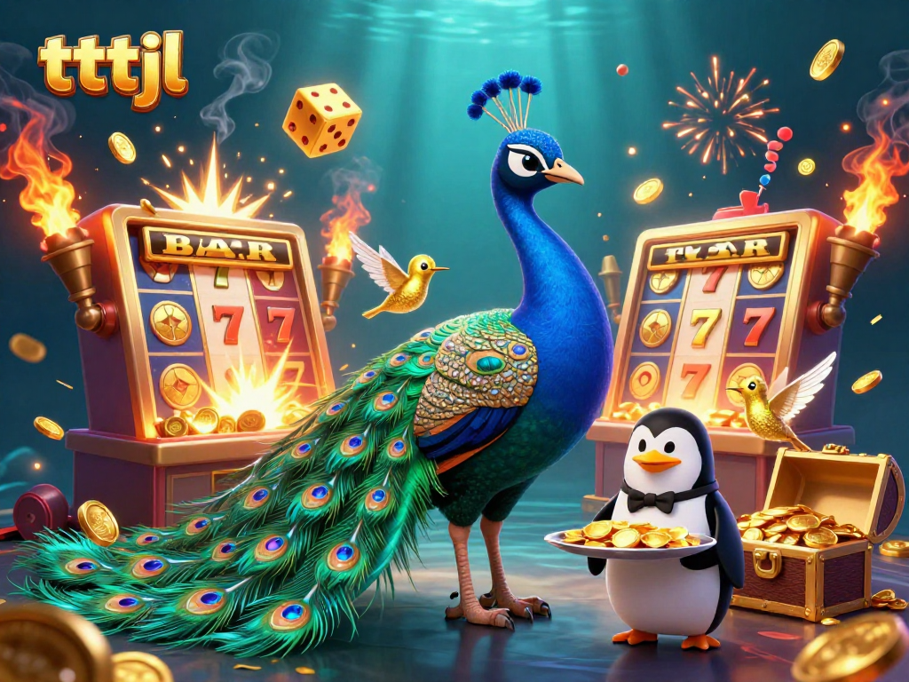 Engage in thrilling games with tttjl as golden chips and vibrant symbols collide in a colorful casino scene.