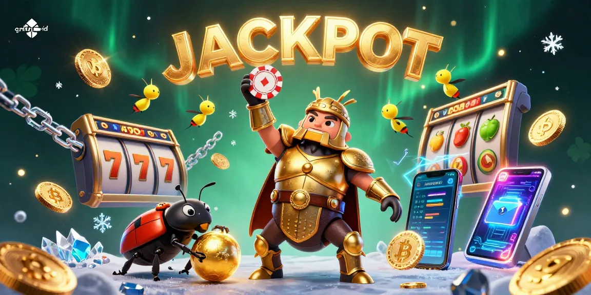 Engage in thrilling gameplay at qqholic-id with a victorious beetle character lifting a poker chip, surrounded by vibrant casino elements.