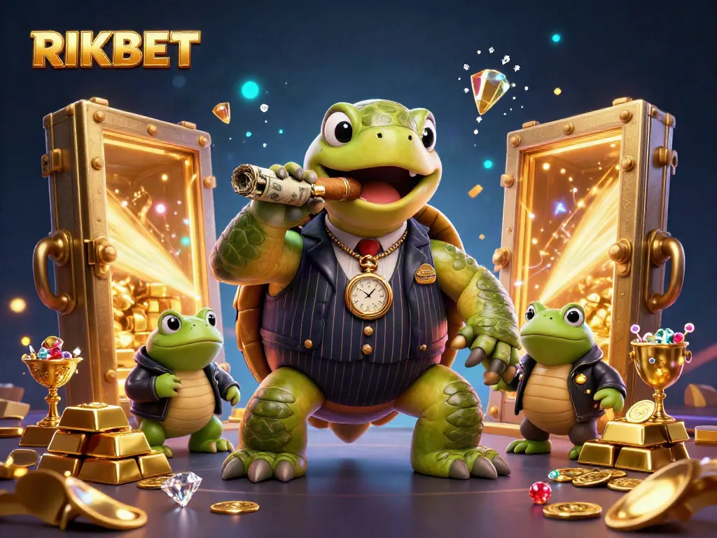 Experience the thrilling energy of RIKBET with a vibrant 3D illustration of a snapping turtle mobster and bullfrog enforcers surrounded by treasure.