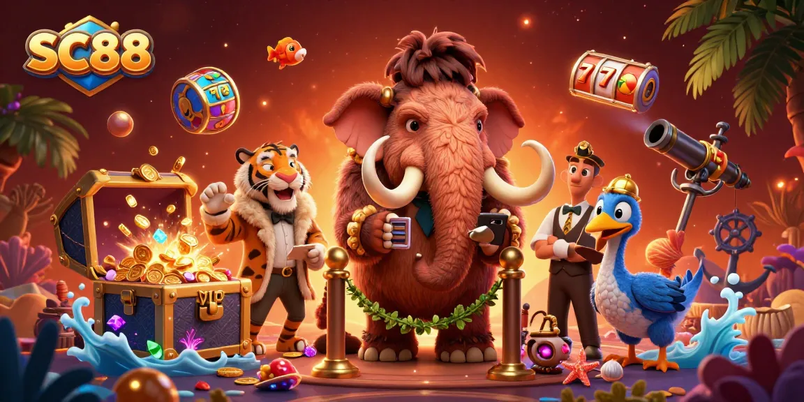 SC88 illustrated scene showcasing a bouncer, VIP guest, and doorman with slot reels and treasures.
