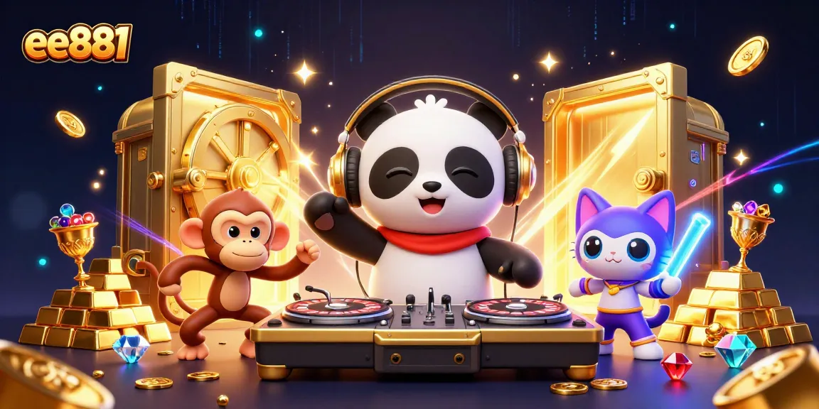 Join ee881 in an electrifying casino scene with a DJ panda, breakdancing monkey, and rave kitten amidst golden treasures.