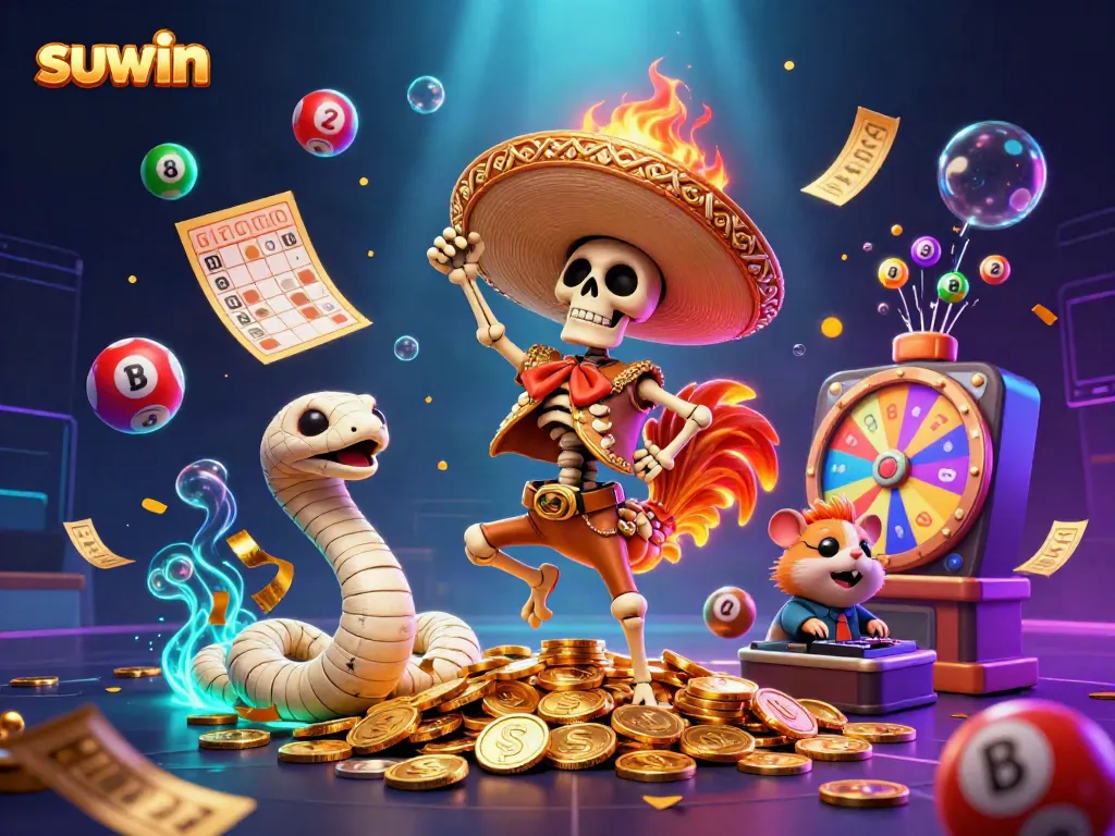 Suwin features a mariachi rooster dancing on coins surrounded by lottery elements and vibrant game visuals.