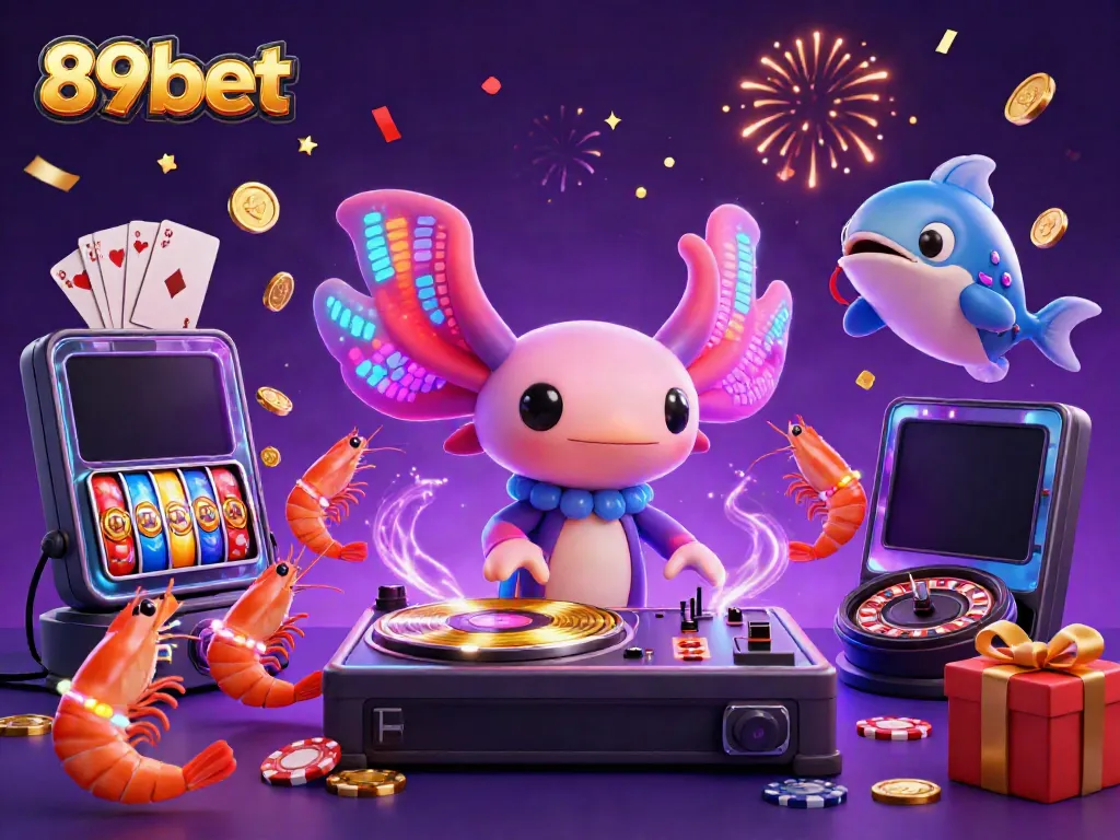 Experience vibrant 89bet casino fun with a DJ axolotl, shrimp dancers, and jackpot slots in a dynamic underwater scene.