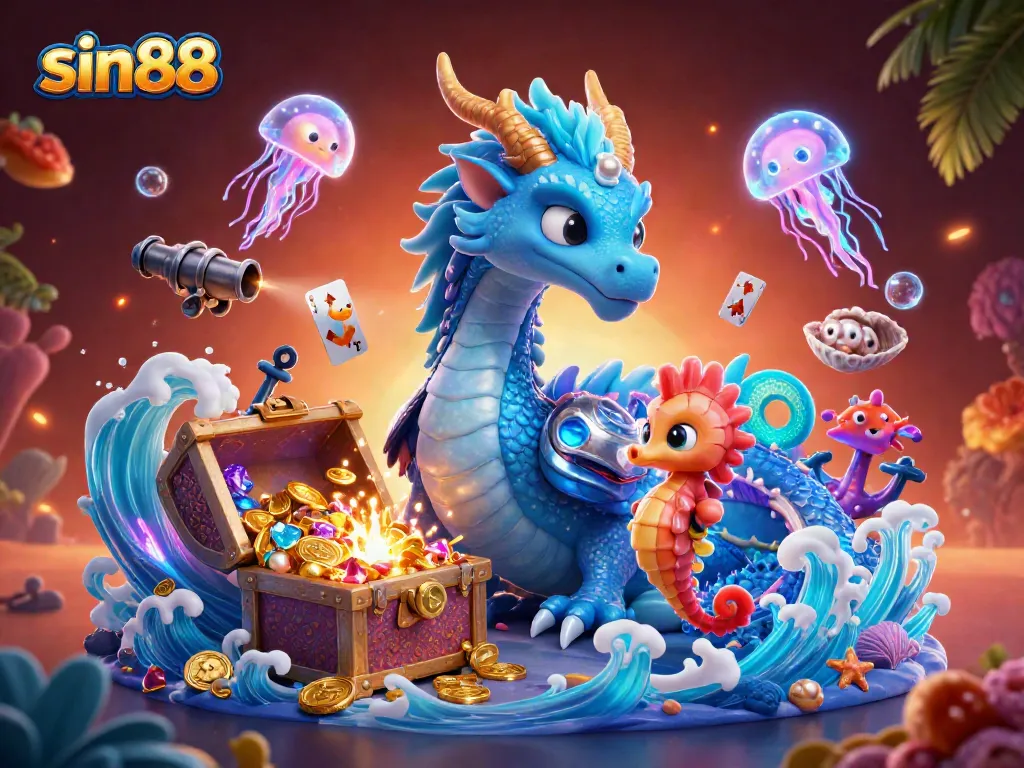 Experience the vibrant world of sin88 through a dynamic underwater casino scene featuring a dragon and seahorse.