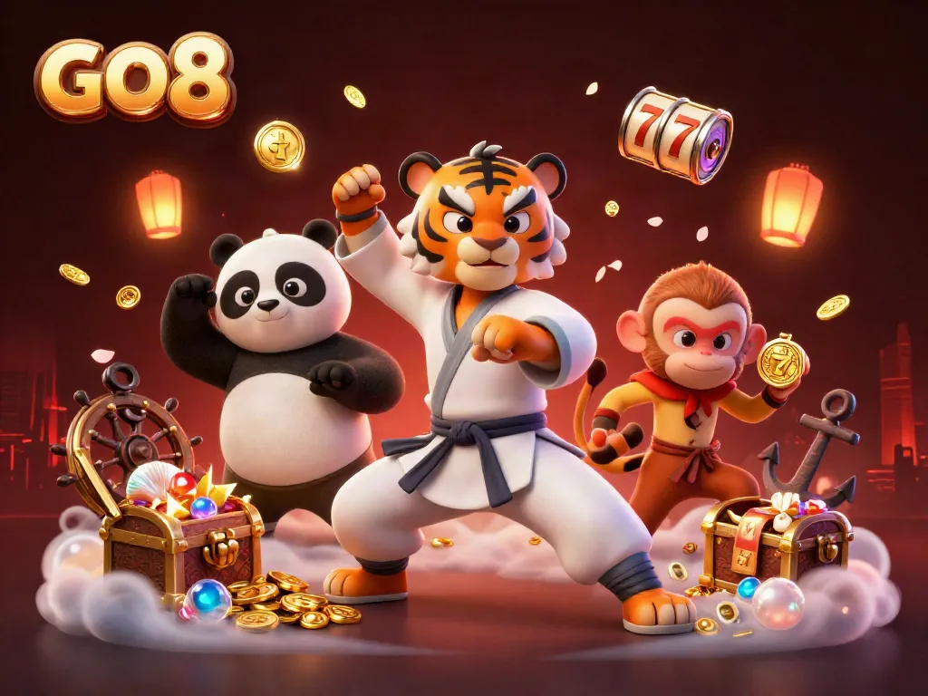 Experience the thrilling world of GO 8 with this dynamic casino-themed 3D illustration showcasing exciting game elements.
