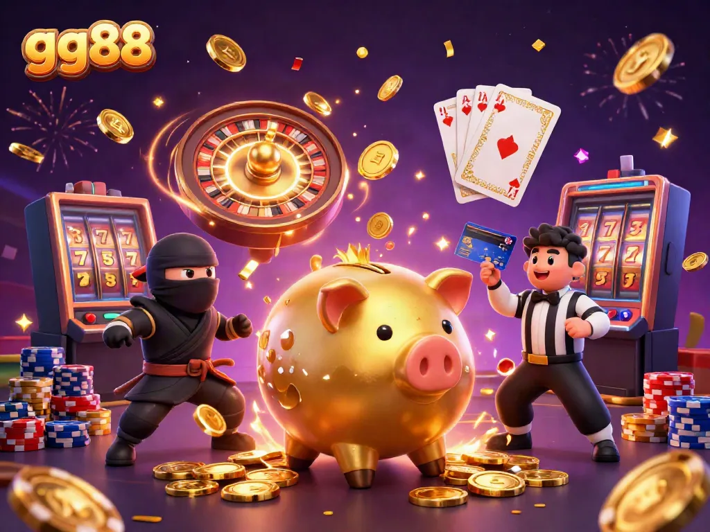 Experience fun with gg88 in this vibrant 3D casino scene filled with action, coins, and characters.