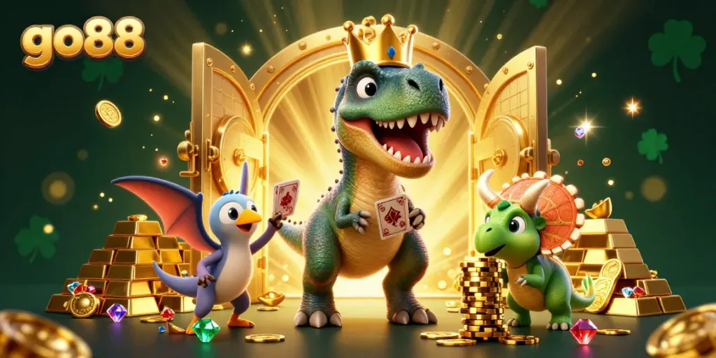Engage with go88 casino fun featuring a friendly dinosaur card game scene in a treasure-filled backdrop.