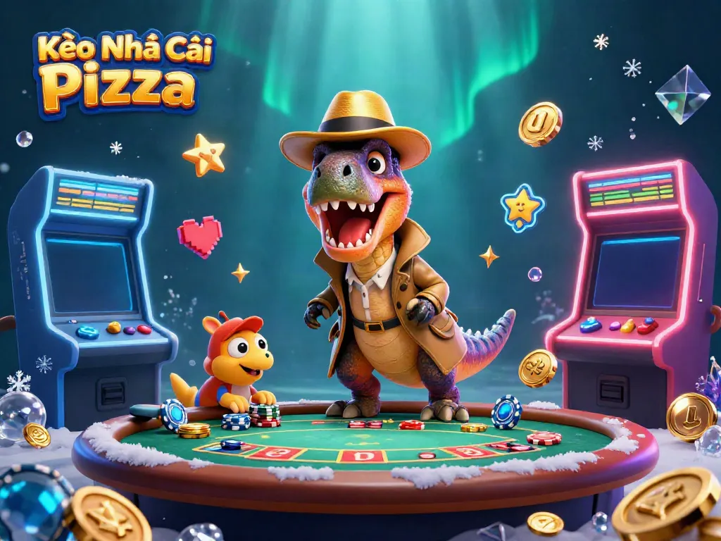 Play a thrilling game of blackjack with Kèo Nhà Cái Pizza featuring a 3D velociraptor, stegosaurus, and compy in a vibrant casino setting.