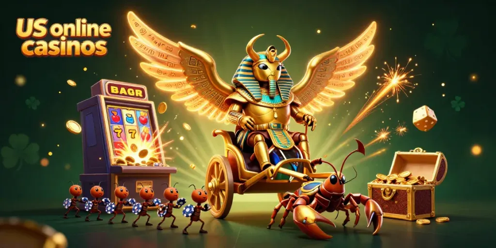 Experience the excitement of us online casinos with vibrant 3D characters in a dynamic casino-themed scene.