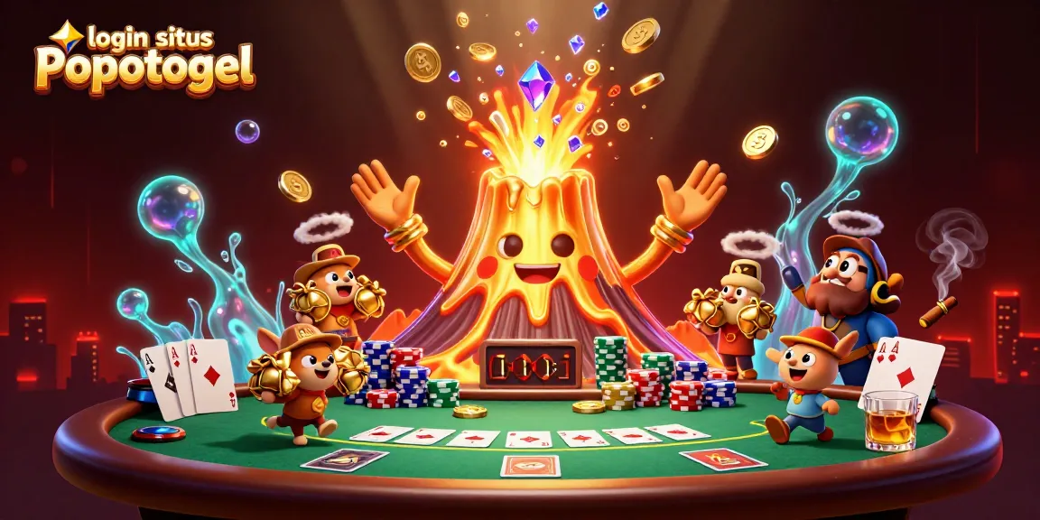 Engage with the thrilling login situs popotogel experience featuring a golden volcano and poker table.