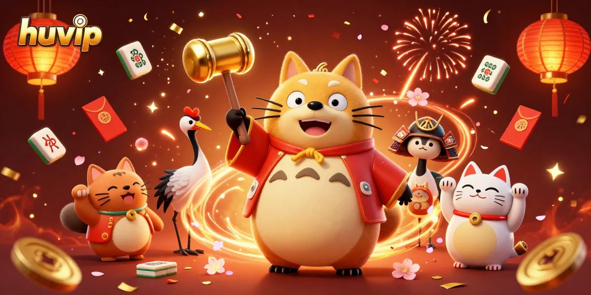 Experience the excitement of huvip with colorful characters and festive gaming elements in this vibrant illustration.