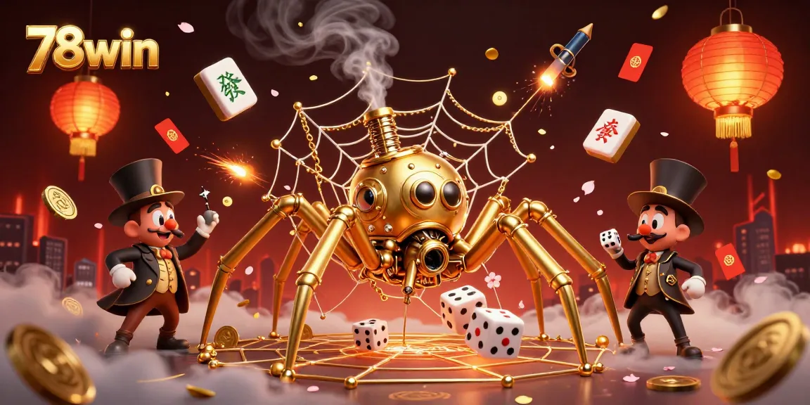 The 78win steampunk spider traps dice in a web, featuring vibrant gaming elements, perfect for an online casino.