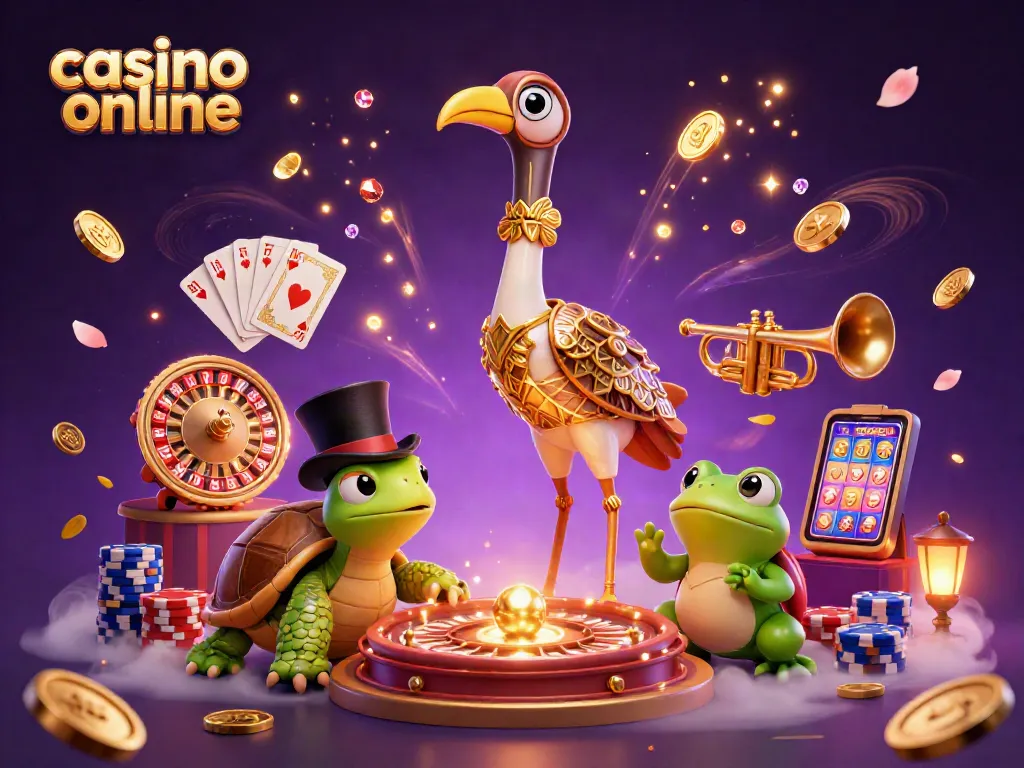 La ilustración 3D de un casino online muestra personajes divertidos y elementos vibrantes.
