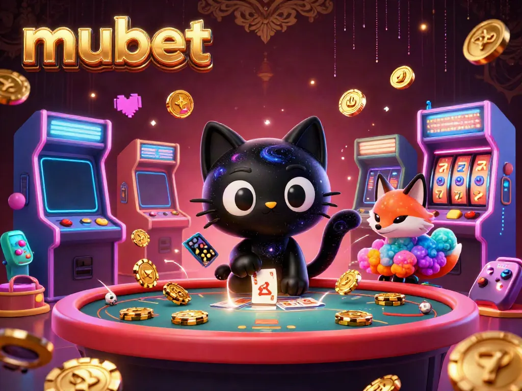 Engage with mubet's thrilling universe as a cosmic black hole cat captures golden chips in a vibrant casino scene.
